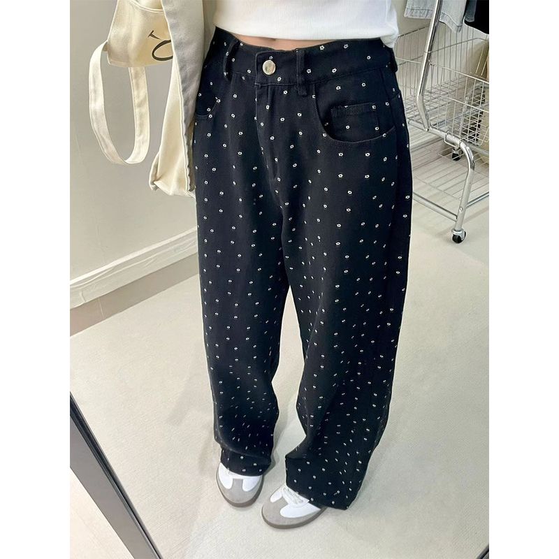 Black Polka Dot Pear Shapes Plus Size Ladies Slimming Jeans Black Polka Dot, Petite Size L
