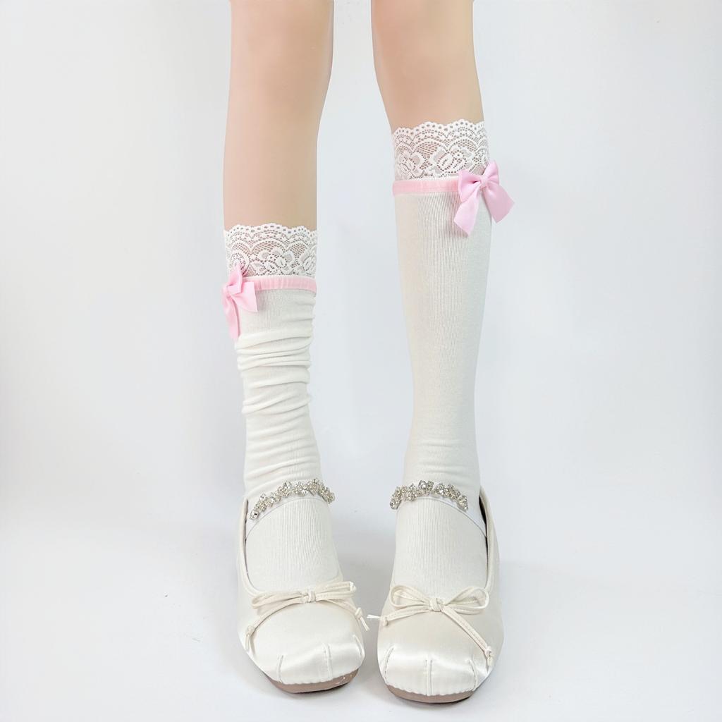 Japanese-style Lolita black bow knee-high socks for women with white lace jk Flattering lace trim for the legs
