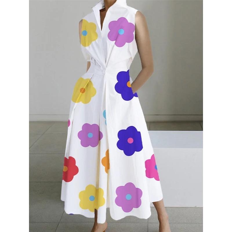 Dress summer new commuter fashion solid color V-neck women's button pendulum dress