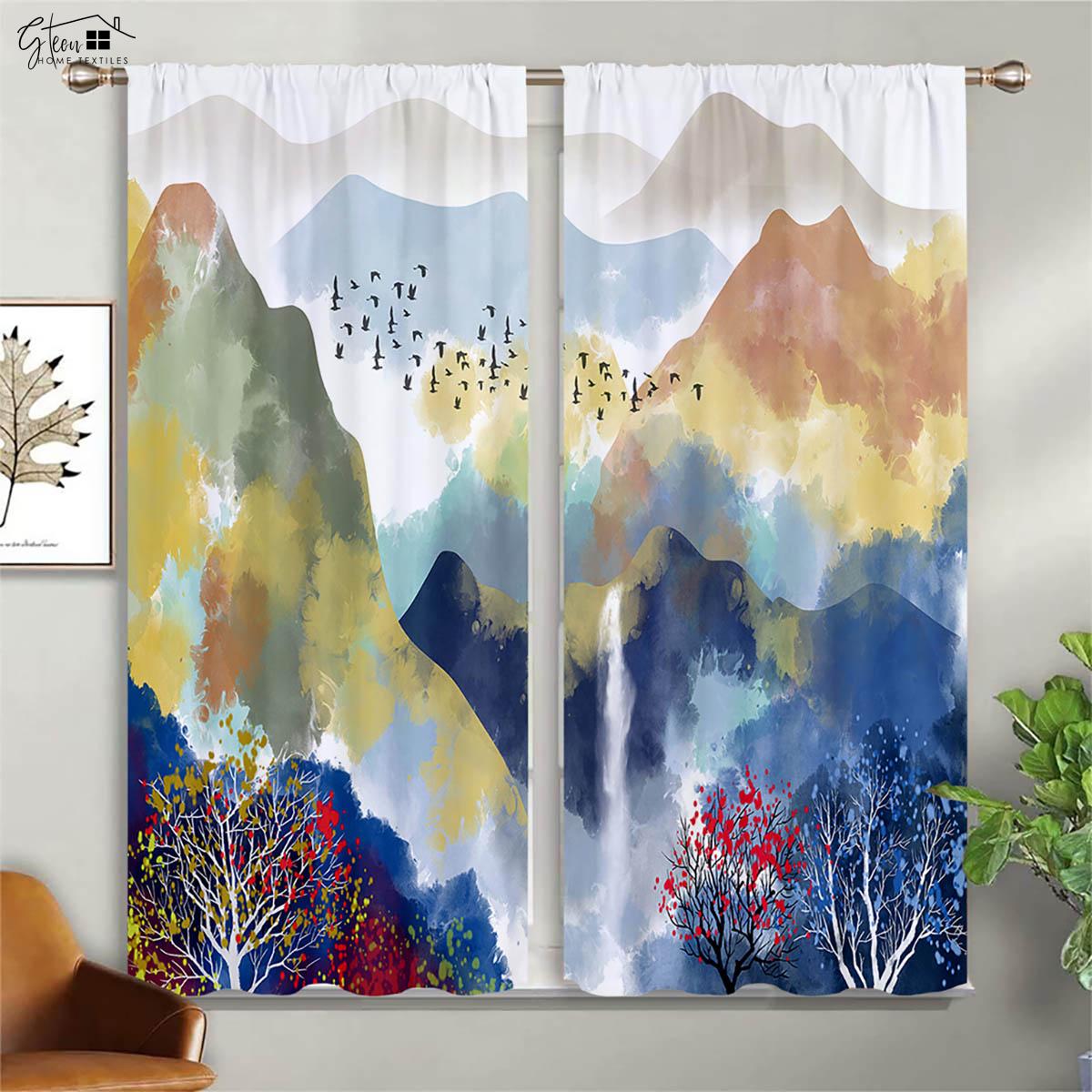 

Китайский пейзаж Живопись 3D Печатные шторы Живопись тушью Каллиграфия Дзен Элегантные Классические Карманные Шторы Карманы 2 Шт. W50xH130(CM)x2PCS&Rod pocket