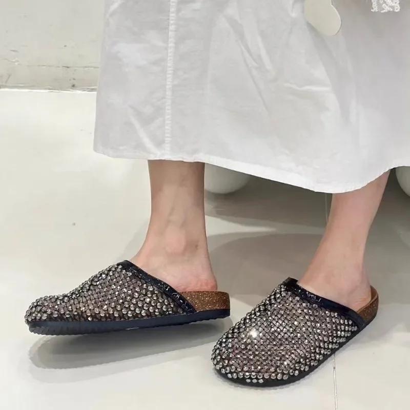 Fashion Women Summer New Round Toe Soft Sole Platform Sole Lazy Slip-on Beach Baotou Slippers Woven Rhinestone Cool Drag