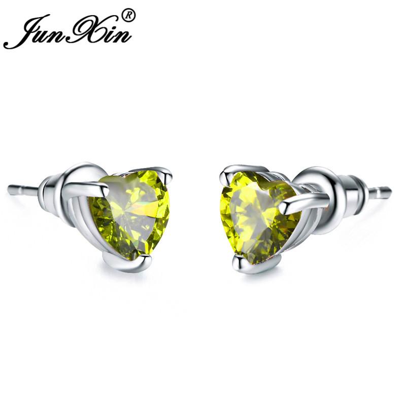 Girls Cute Heart Stud Earrings For Women White Gold Color Brilliant White Zircon Blue Purple Austrian Crystal Wedding Studs Cz