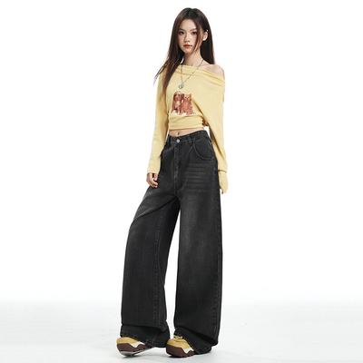 American Black and Gray Wide-leg Jeans Women's Autumn New High-waisted Loose Straight Versatile Drape Pants