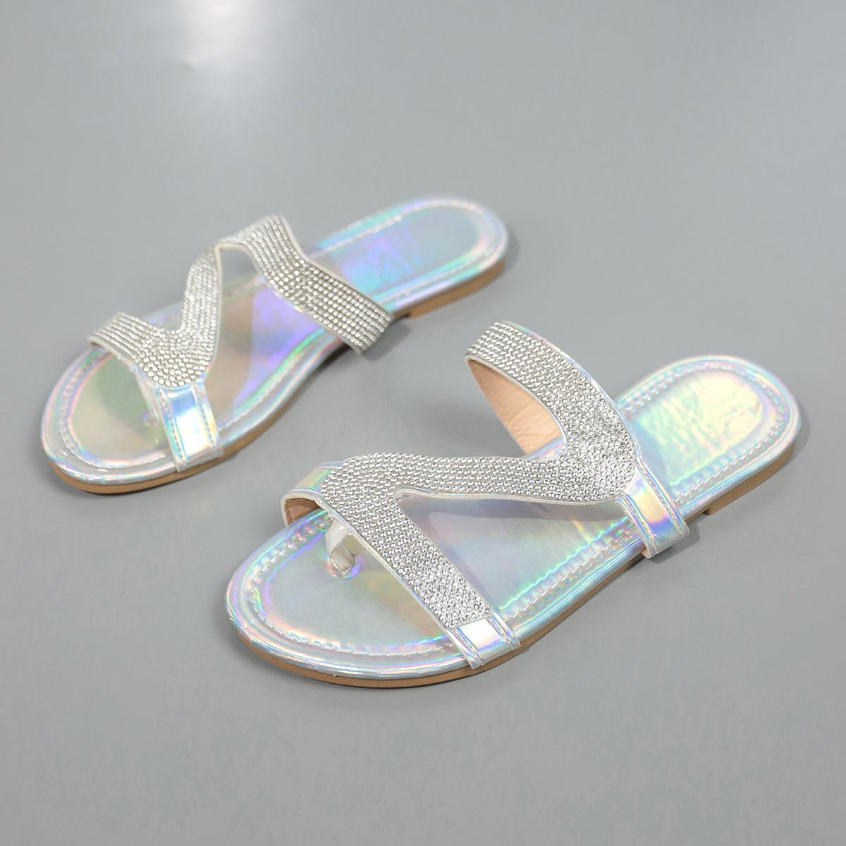 

Большие тапочки модные босоножки со стразами 2025 новые удобные односложные летние босоножки большого размера на плоской подошве 36 серебряный