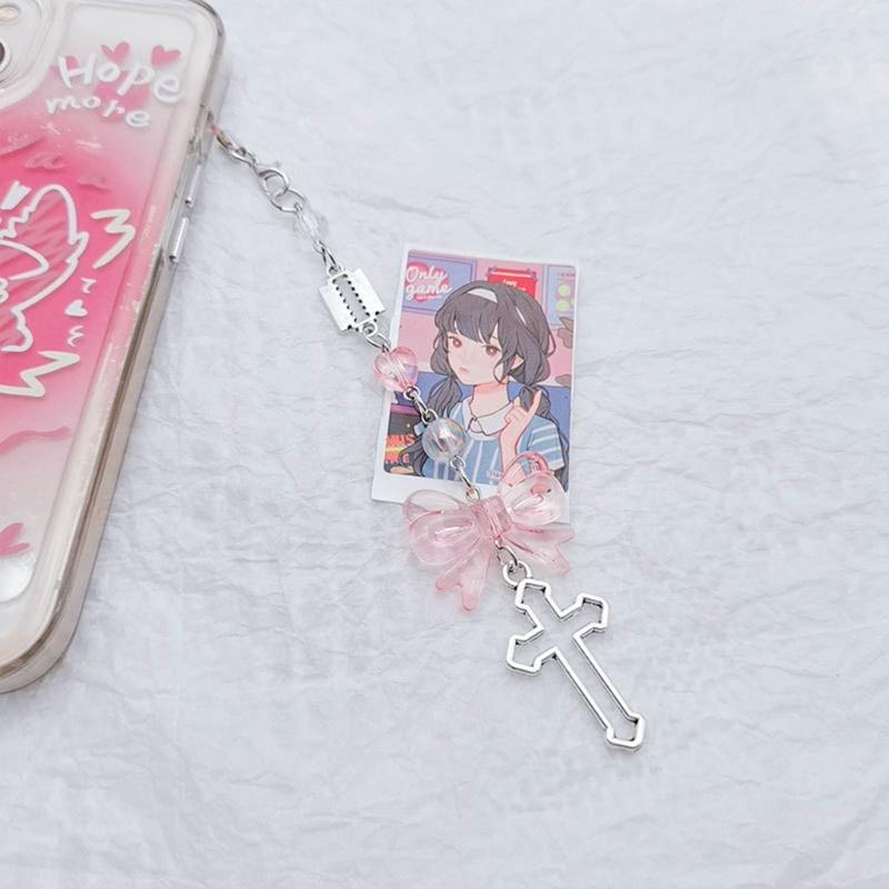 Beaded Wrist Strap Cross Pendant Keyring Hollow Heart Bead Wrist Strap Y2k