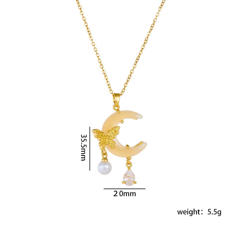 Stainless Steel Chain Sweet Shiny Zircon Butterfly Resin Moon Pendant Necklace for Women Lady Fashion Jewelry Accessories Gifts