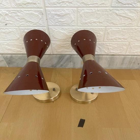 Set of 2 Mid Century Modern Brass Diabolo Wall Sconce Italian Stilnovo Double Cone Sconces Elegant Brass Wall Lamps Bathroom Vanity Light Bedside