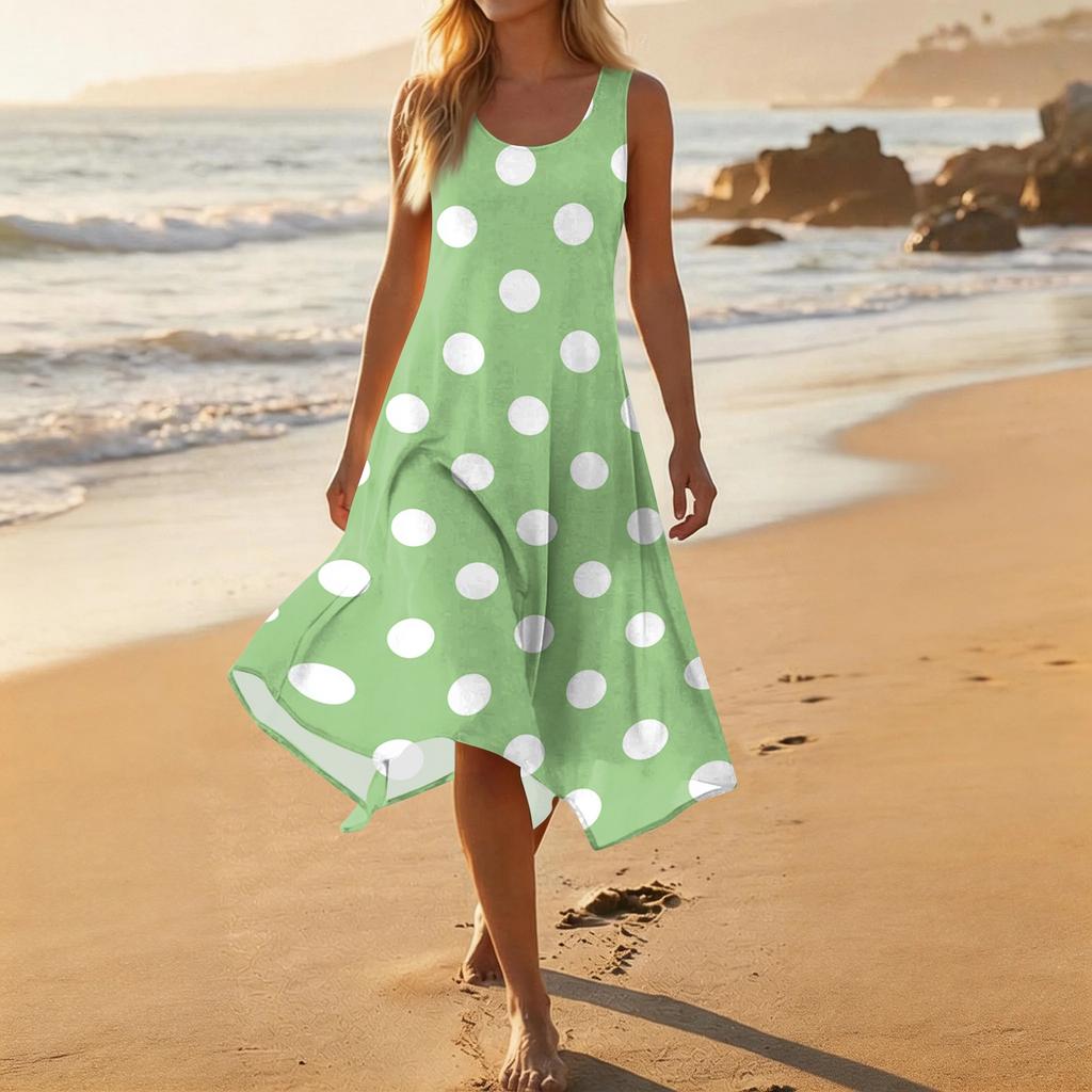 Women Sleeveless Polka Dot Print Midi Dress Crew Neck Casual Loose Fit Asymmetrical Hem Lightweight Sundress