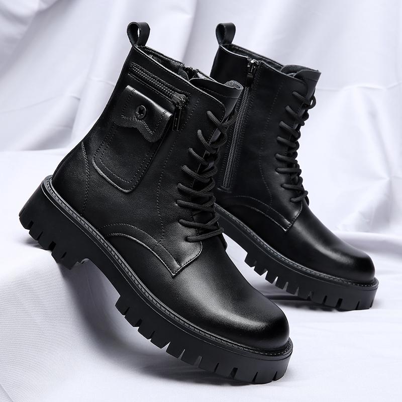 Fashion Men's Fashionable Men's Ankle Boots English Style Thick Soled Lace Up  Boots Round Head Leather Shoes Mid Heel White Motorcycle