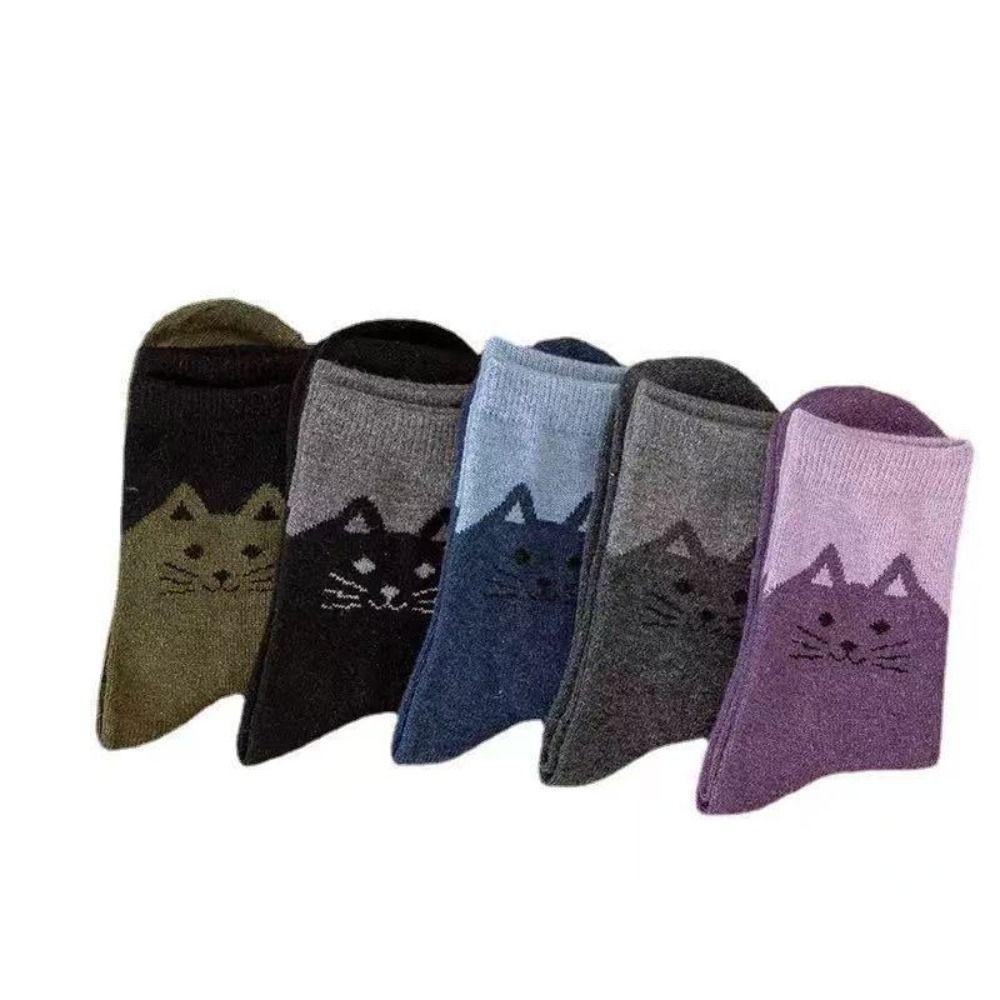 5 Pairs Elastic Cuff Mid Calf Socks Soft Breathable Cartoon Cat Socks Street Matching