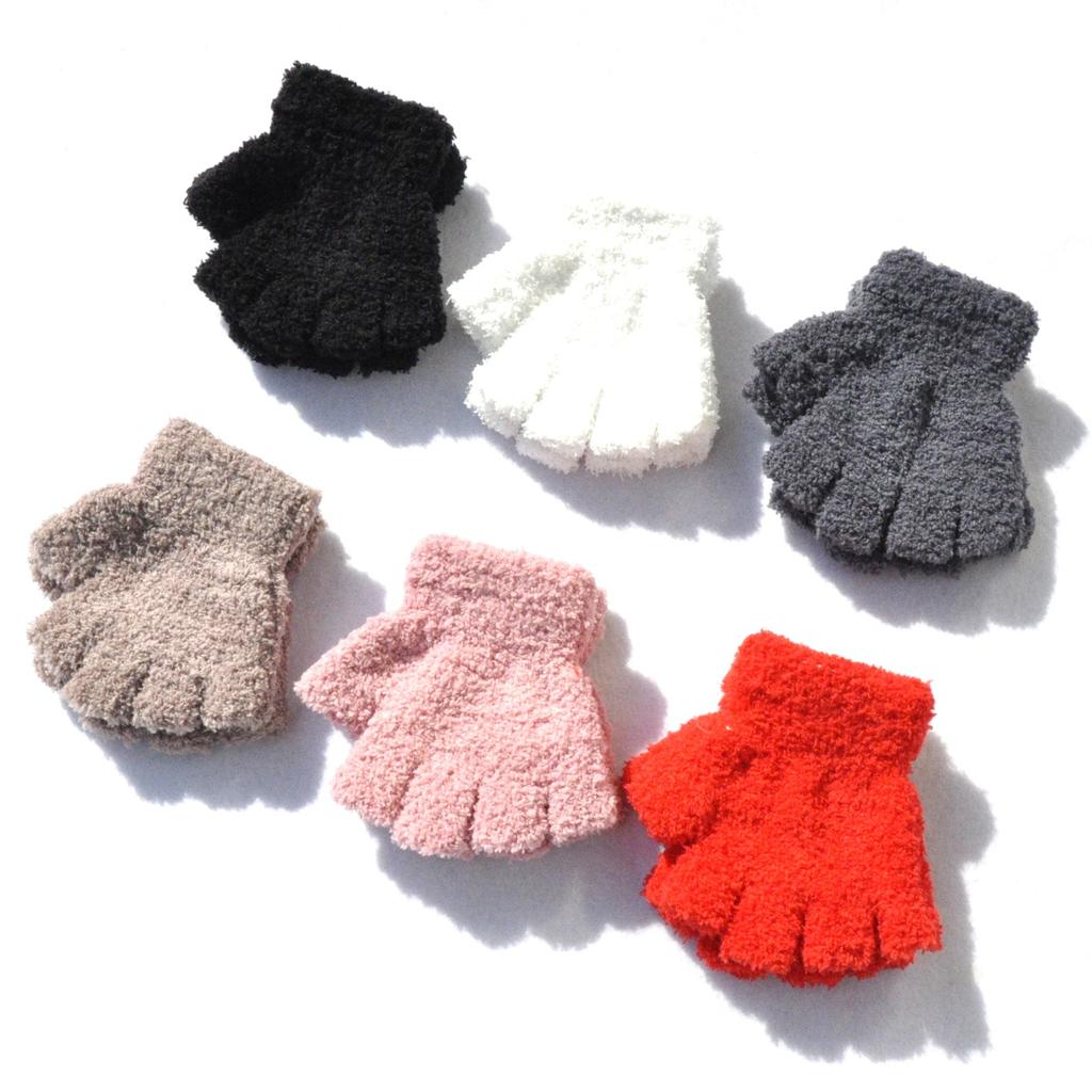 Children Coral Fleece Gloves Kindergarten Pupil Student Baby Winter Warm Plush Mittens Half Finger Gloves For 5-11Y Kid Gloves