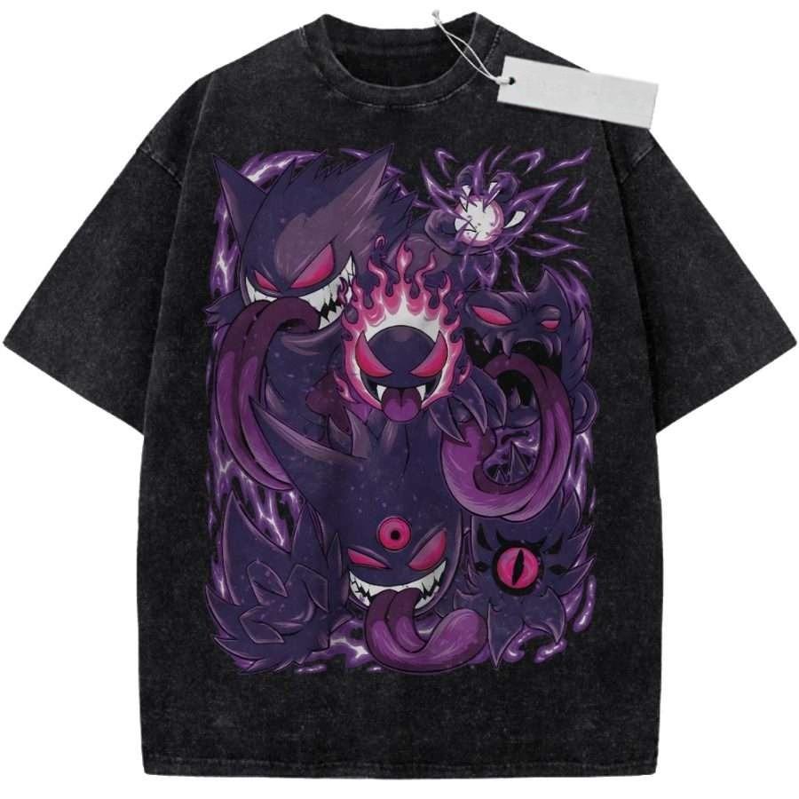 Vintage Washed Black TShirt Pokemon Anime Gengar Shadow Ball Print Purple Design Oversized Streetwear for Casual Daily Campus