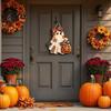 Indoor Entrance Hanger Halloween Cute Bow Ghost Door Sign, Wooden Patchwork Hanging Plaque with Pumpkin Candy Basket, Outdoor Porch Decor Retro
