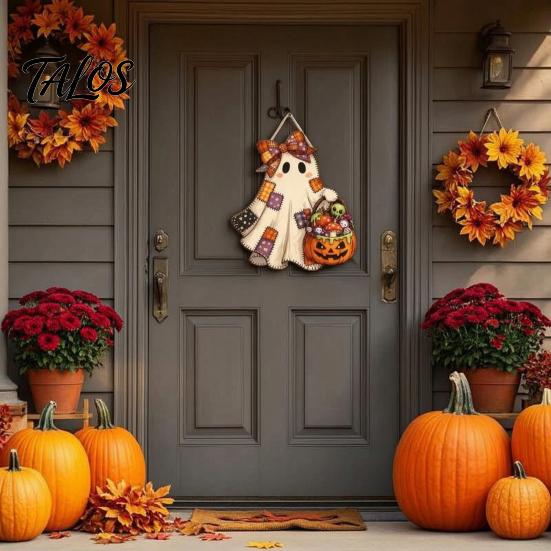 Indoor Entrance Hanger Halloween Cute Bow Ghost Door Sign, Wooden Patchwork Hanging Plaque with Pumpkin Candy Basket, Outdoor Porch Decor Retro