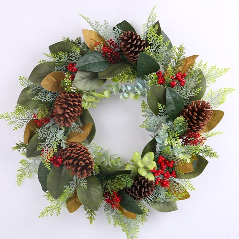 Artificial Wreath LED Light up Christmas Wreath with Pinecone for Front Door Window Yard Garden Christmas Decorations