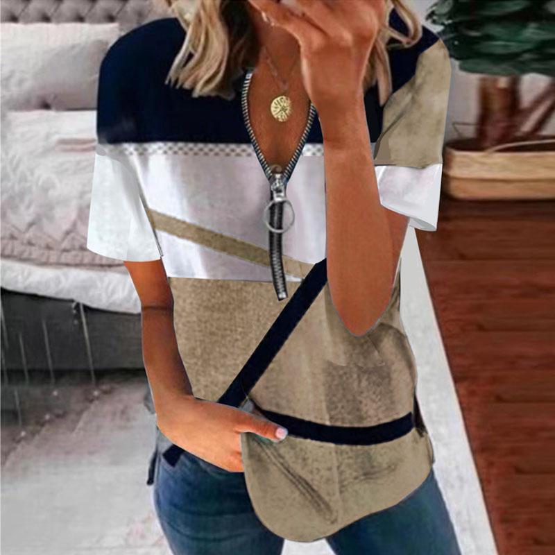 Damer Sommer Casual Trykket Løs Kort Ermet T-skjorte V-hals Glidelåstopp