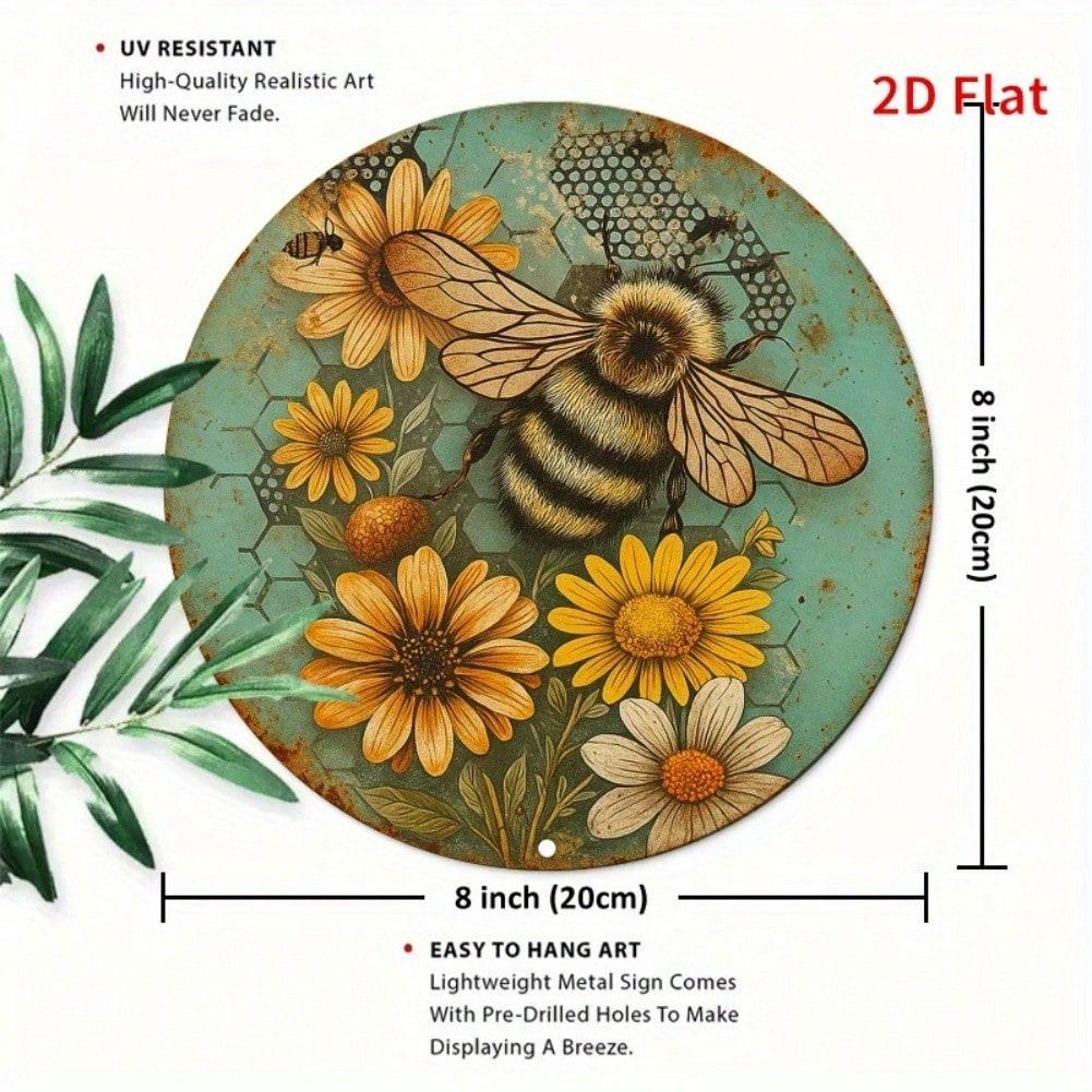 Rustic Bee Floral Round Metal Wall Art Vintage Green Distressed Honeycomb Decor 20x20