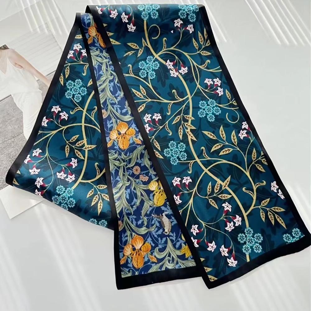 Bysifa|New Blue Yellow Long 100% Mulberry Silk Scarf Headband Spring Summer Fashion Floral Silk Ribbons Scarves Floulard Printed