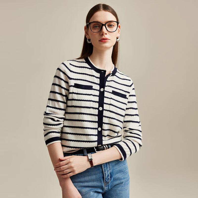 Zhaojun Women's Striped Pure Cashmere Round Neck Cardigan