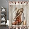Western Cowboy Boots And Hat Shower Curtain Rustic Country Bathroom Decor Wooden Background With Red Stars Waterproof Fabric