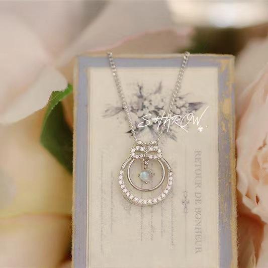 JMXD-Moonstone Wreath Bow Necklace Women's Light Luxury Sweet Temperament Clavicle Chain New Year's Gift