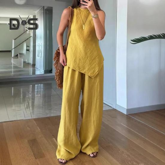 2-teiliges Outfit für Damen mit unregelmäßigem Saum, ärmelloses Oberteil mit Rundhalsausschnitt, Hose mit weitem Bein, Lounge-Set, lässiger Sommer-Trainingsanzug