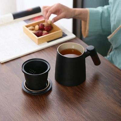 Mug en Céramique 400ML avec Poignée en Bois, Tasse à Eau avec Infuseur et Couvercle, Double Paroi, Filtre, Tasse à Thé, Bureau, Maison, Service de Tasses à Thé, Coffret Cadeau