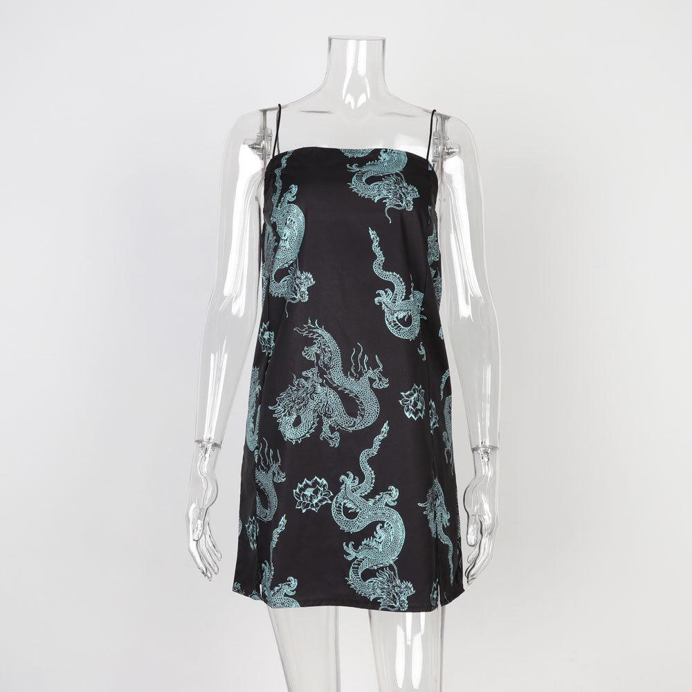 

Винтажное тонкое мини-платье с принтом дракона в стиле Харадзюку, летнее женское уличное платье с открытой спиной, клубные вечерние халаты S чёрный/зелёный