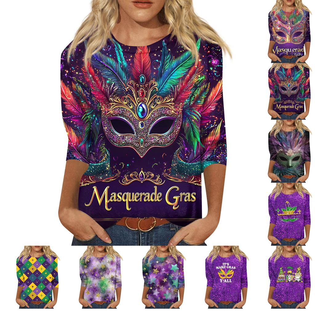 Dámské módní ležérní tričko s kulatým výstřihem a tříčtvrtečním rukávem s potiskem karnevalu