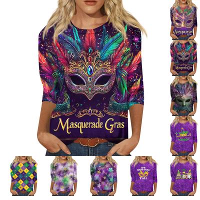 Women's Fashion Casual Round Neck Three-quarter Sleeve Carnival Print T-shirt Top