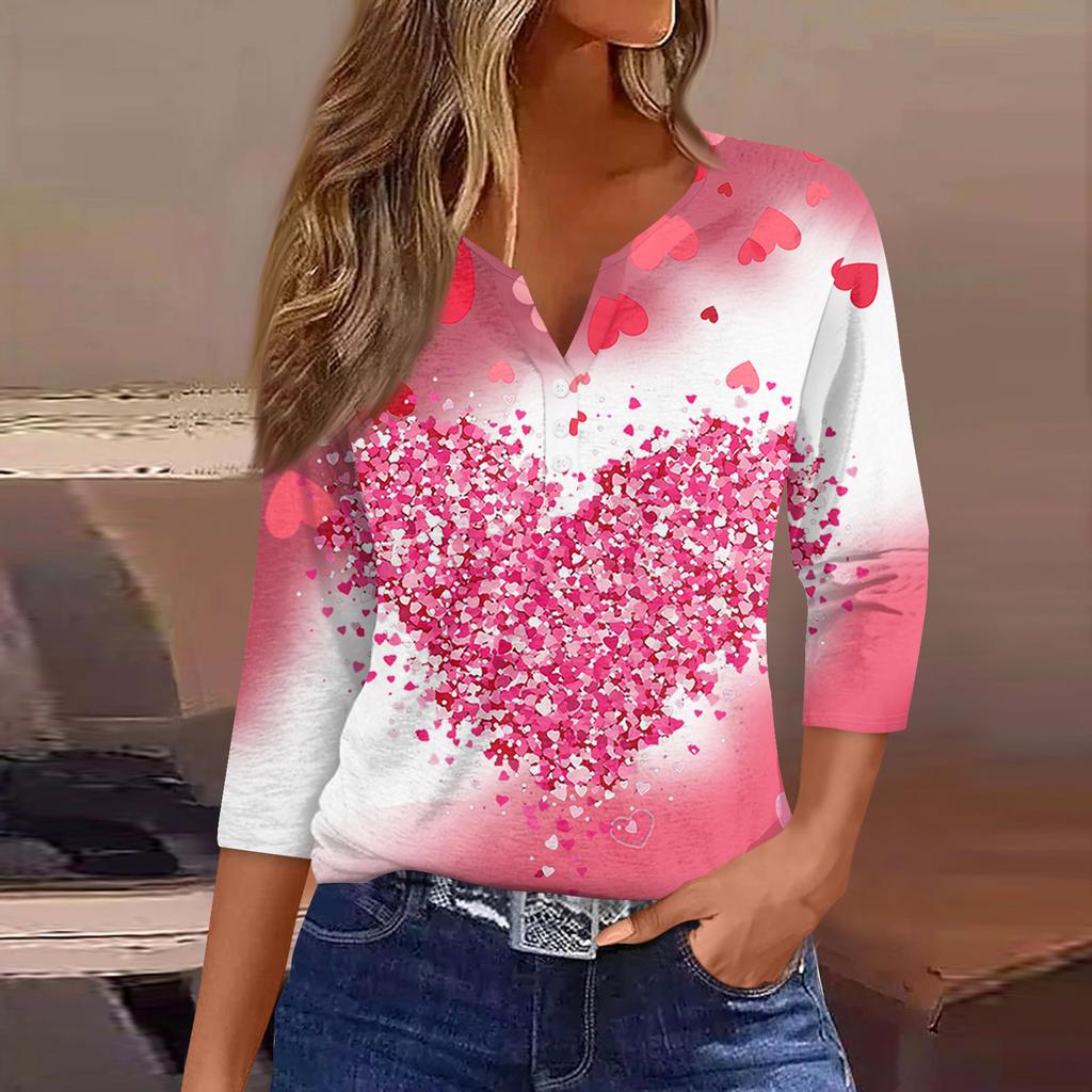 Camiseta feminina com estampa de botão, manga 3/4, moda diária de fim de semana, básica, decote em V, top regular