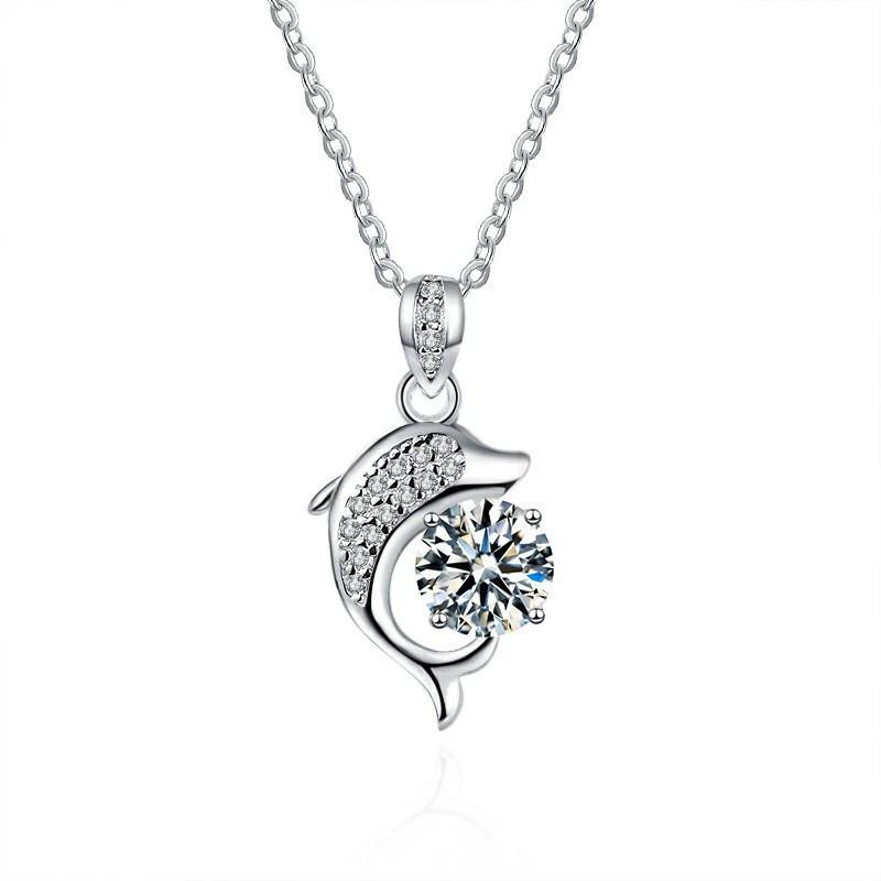 925 Sterling Silver Dolphin Moissanite Clavicle Necklace with Rhinestones 925 Silver
