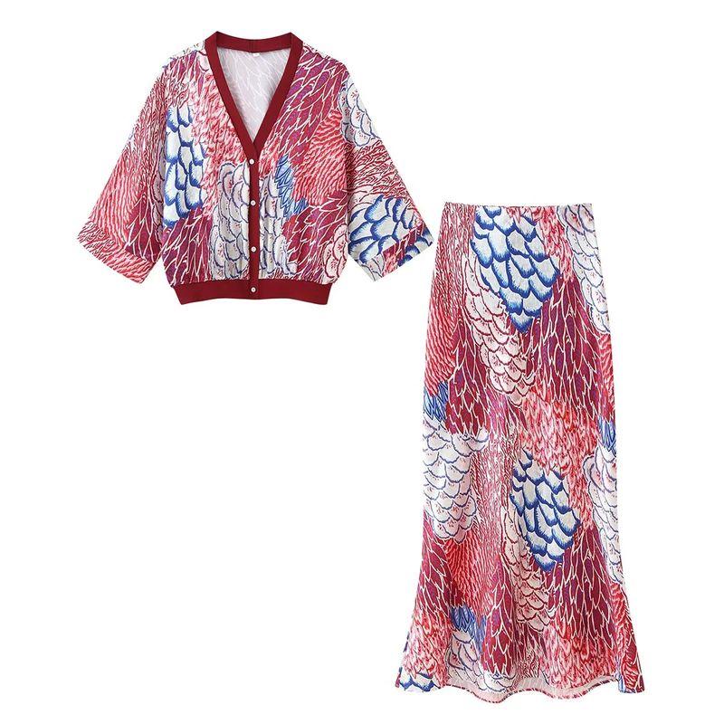 

Summer New Product Women s Clothes Beach Vacation Style Casual and Comfortable V Neck Short Sleeve Stitching Print Skirt Suit Red Suit L