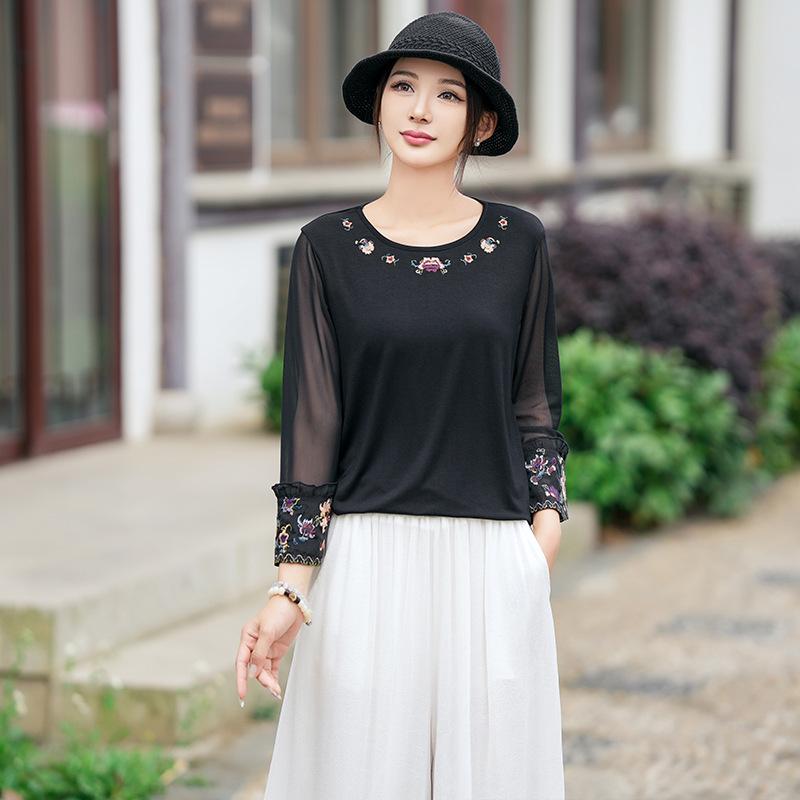 

2025 Crew Neck Embroidery T-Shirt: Versatile Spring/Autumn Solid Color Top 3XL