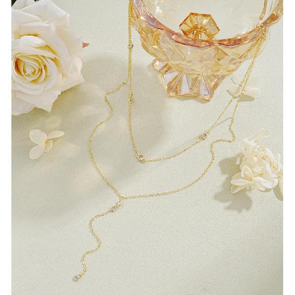 IF YOU Lariat Gold Lange Halsketten für Damen Trendig, Zarte 14K Vergoldete Tropfenkettenhalskette, Mehrlagige Rosenkranz-Perlen Y-Halsketten Schlichte Mode