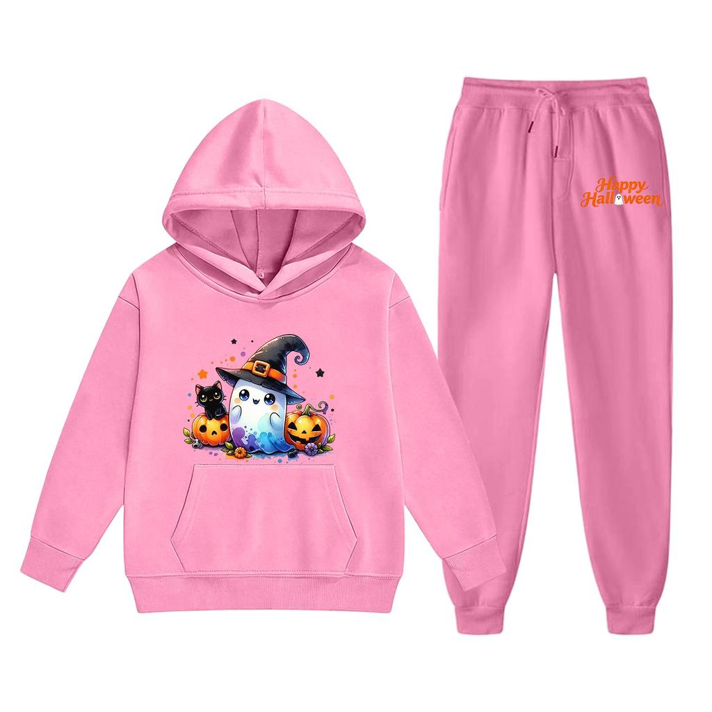 Kids Halloween Hoodie Set Ghost Pumpkin Print Long Sleeve Pullover Sweatshirt with Hood and Matching Pants Comfortable Fit for Boys and Girls