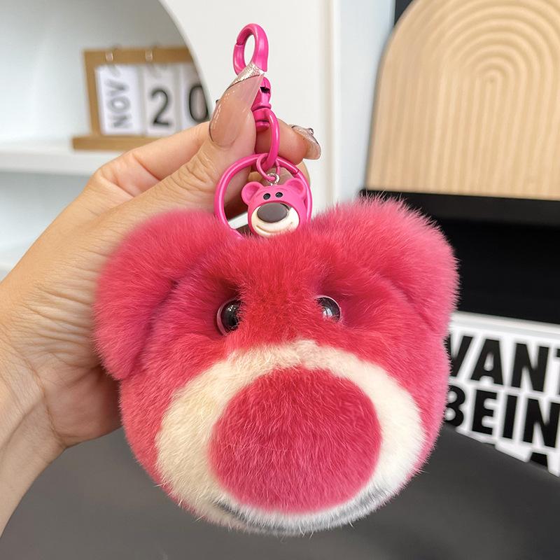 Cute Rex Rabbit Hair Bear Car Keychain Pendant Ins Plush Strawberry Doll Bear Bag Pendant Gift