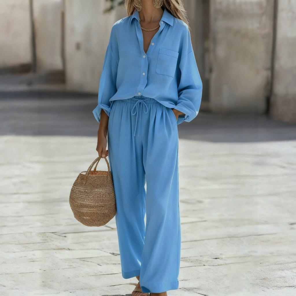 Fashion Women's Color Set, Women's Imitation Cotton And Linen Loose Long Sleeved Top Set, Women's