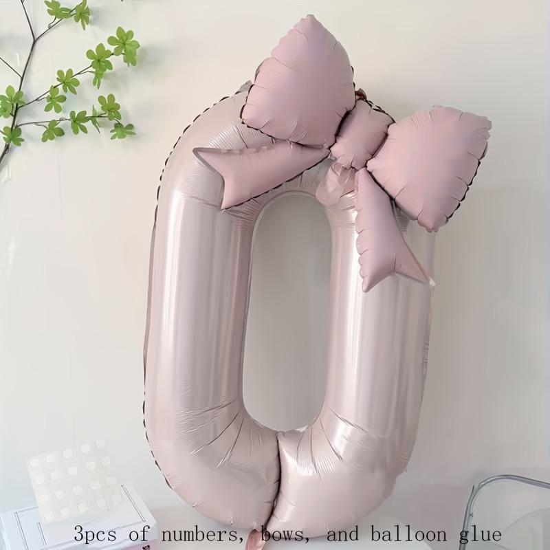 Complete Party Decor Set 3pcs - Light Pink Number Balloon, Bow & Stickers for Birthday, Anniversary & Festival Backdrop