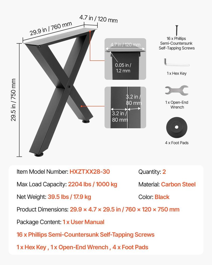 Table Legs, 750 X 760 Mm (HxW) W Steel Furniture Legs, Modular Design, Easy Assembly, 1000 Kg Max Load Heavy Duty, for Home Office Desk, Coffee Dinner