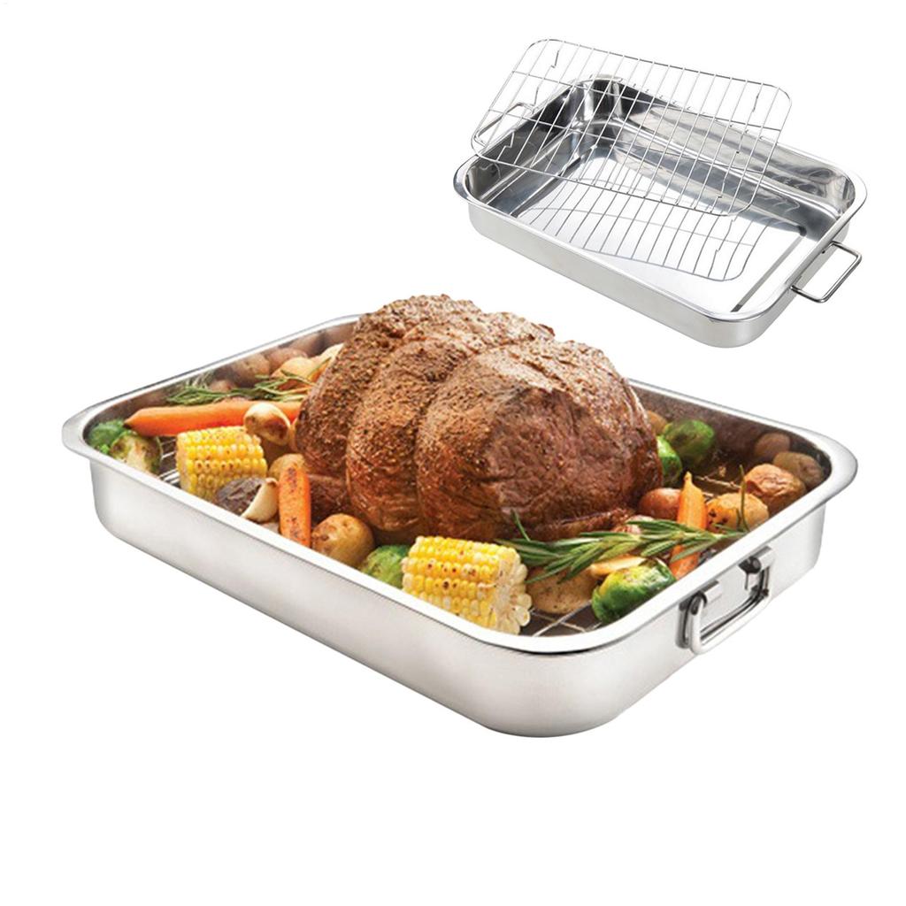 Plat à Rôtir 42cm Avec Grille Acier Inoxydable Rectangulaire Plat à Four Ustensiles de Cuisine Plat à Rôtir Poulet Plateau de Cuisson Four