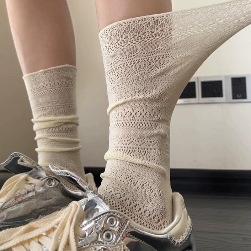 Summer Thin Solid-color Hollowed-out Pile Socks Lace Calf Socks To Slim Legs, Retro Style Sexy Socks