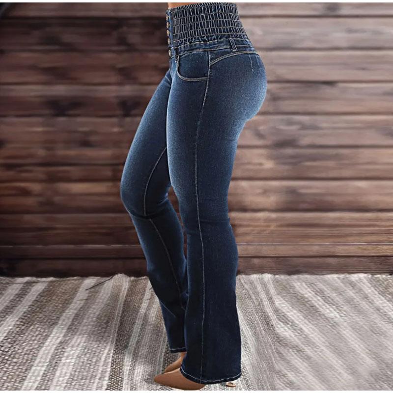 

Модные узкие джинсы с высокой талией, женские весенние эластичные брюки с несколькими пуговицами, слегка расклешенные джинсовые брюки в американском стиле, эластичные узкие джинсы XL темно-синий