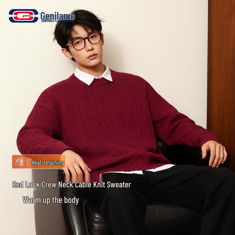

GENIOLAMODE Men s Red Heavyweight Cable Knit Crew Neck Sweater 3XL