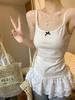 Women's White Bow Spaghetti Strap Ballet Tank Top with Lace Ruffle Hem