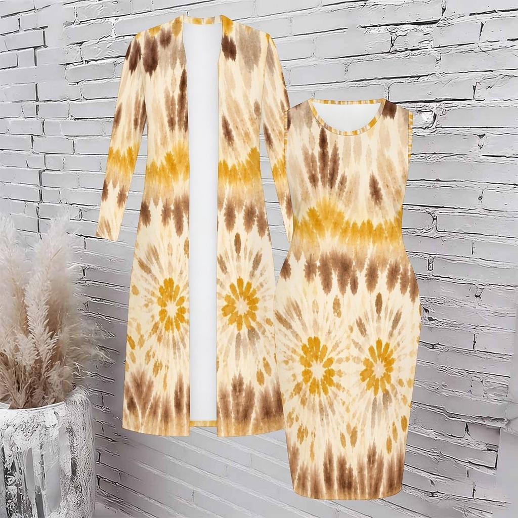 Women Plus Size Two Piece Set Long Sleeve Open Front Cardigan Sleeveless Printed Bodycon Dress Dark Blue