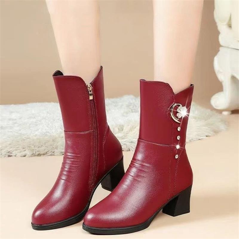 Damen Stiefeletten Winter Dick Plüsch Bequem Hohe Absätze Outdoor Anti-Rutsch Warm Mittelhohe Stiefel