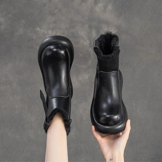 Johnature Retro Warm Side Zipper Thick Soled Women's Short Boots Genuine Leather Wool Snow Boots