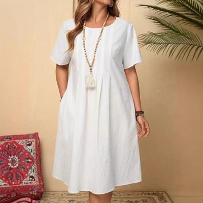 Rochie Retro Loose cu Gât Rotund din Bumbac și In pentru Femei, de Primăvară și Vară