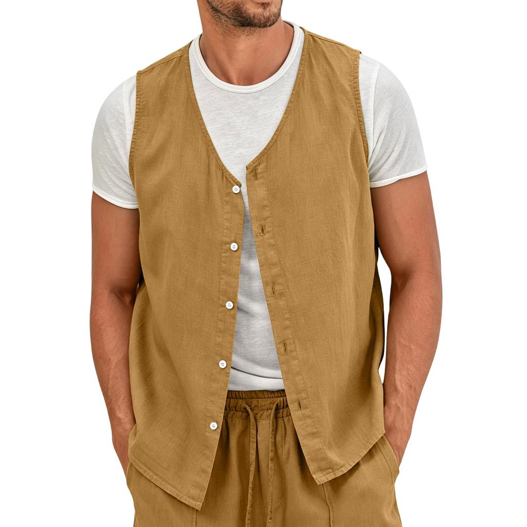 Men's Lightweight Button Front Linen Vest Sleeveless Casual Summer Shirt Non-Iron Breathable Fabric Relaxed Fit